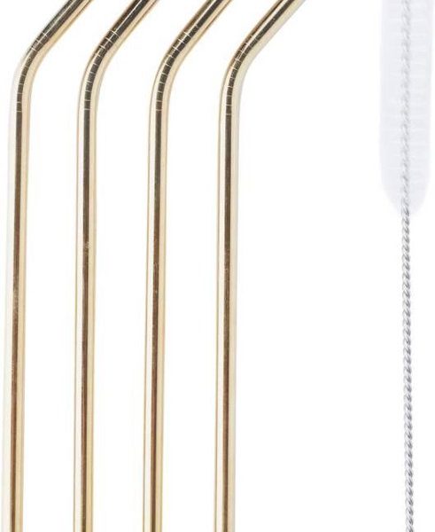 set van 4 cocktailrietjes uit rvs goud met reinigingsborstel 20.5cm