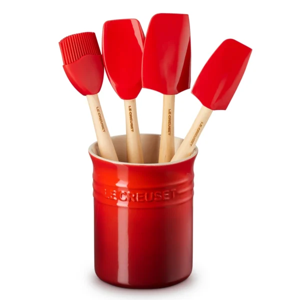 LE CREUSET - Silicone Set met 4 Premium Spatels in Spatelpot Kersenrood LE CREUSET - Silicone Set met 4 Premium Spatels in Spatelpot Kersenrood